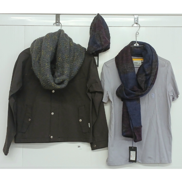 LOT OF 5 - WOMEN'S WESC T-SHIRT, POLER BIRCH JACKET & MINIMUM TRISH HAT, NINGBO & GUANGZHOU SCARVES