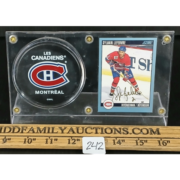 1992 SCORE NHL MONTREAL CANADIENS SYLVAIN LEFEBVRE HOCKEY CARD & PUCK - AUTOGRAOHED