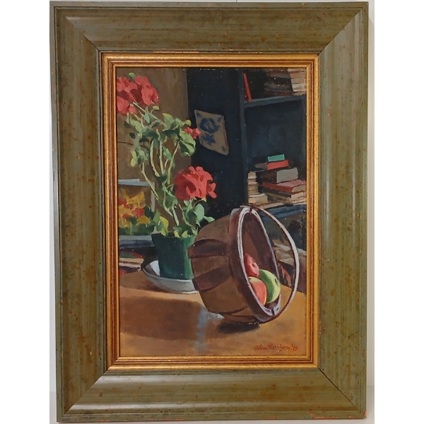 "GERANIUM & BASKET" BY ALLAN HARRISON (1911 - 1988) - FRAMED OIL ON CANVAS