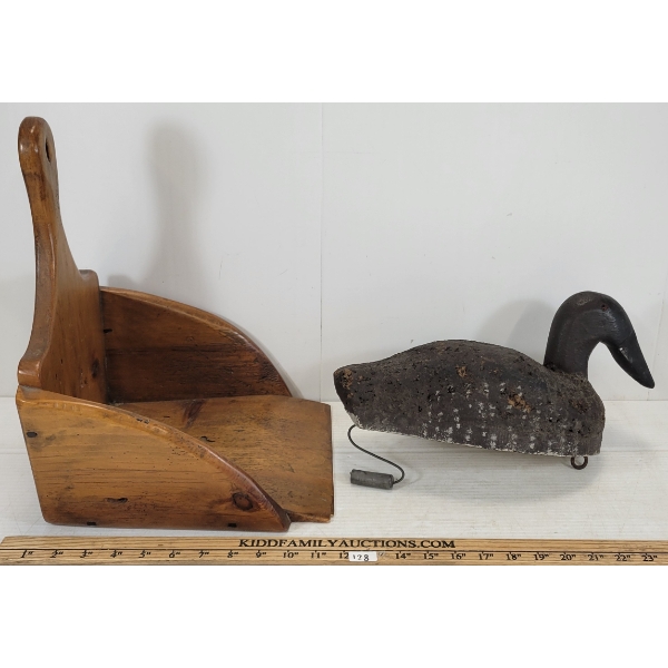 LOT OF 2 - EARLY CANADIAN PINE DUST PAN, & DECOY 
