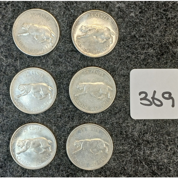 LOT OF 6 - 1967 CDN 25 CENT COINS 