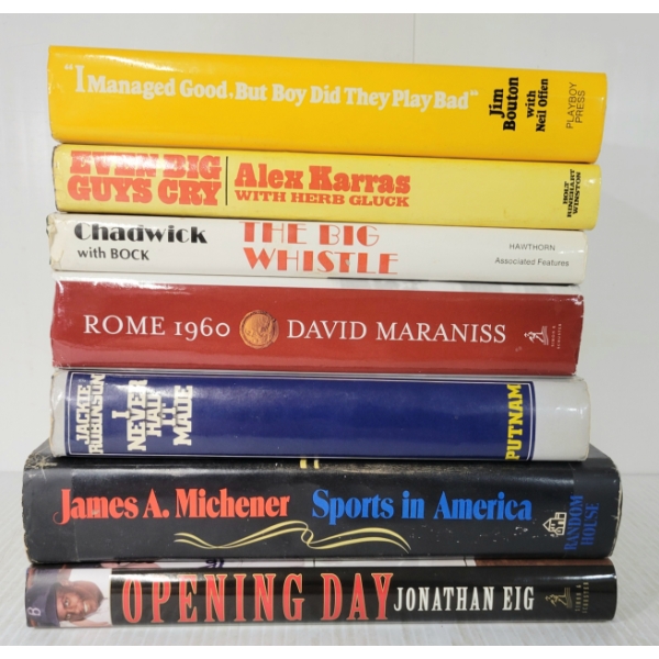 LOT OF 7 - ASSORTED SPORTS BOOKS - "ROME 1960", "THE BIG WHISTLE", "EVEN BIG GUYS CRY", ETC