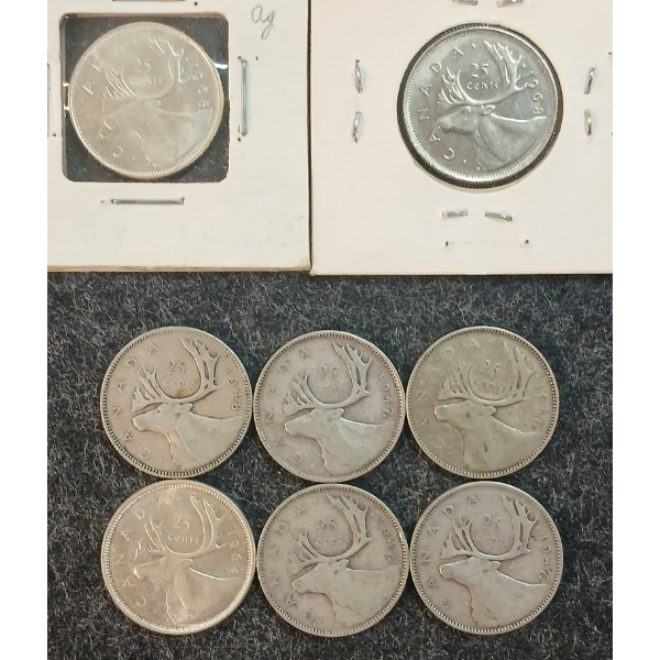 LOT OF 8 - 1947-1968 CDN 25 CENT COINS