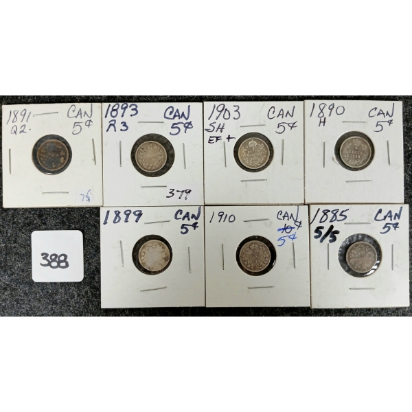 LOT OF 7 - 1885-1910 CDN 5 CENT COINS