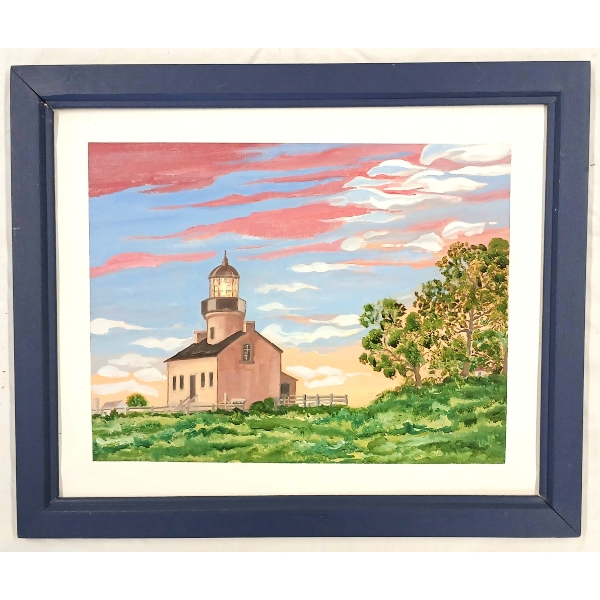 LIGHTHOUSE AT SUNSET BY UNKNOWN ARTIST - FRAMED ACRYLIC ON CANVAS