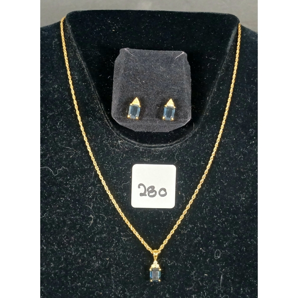 SIMULATED SAPPHIRE W/ DIAMONDS NECKLACE & EARRINGS SET
