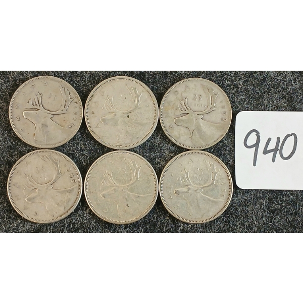 LOT OF 6 - 1947-1965 CDN 25 CENT COINS