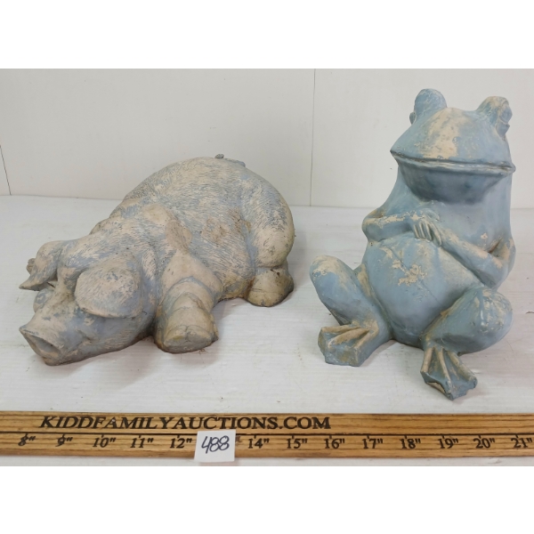 LOT OF 2 - CEMENT PIG & FROG GARDEN STATUES