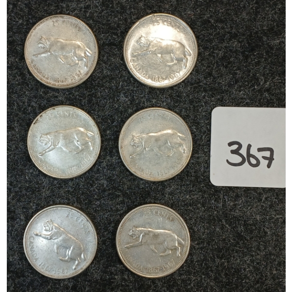 LOT OF 6 - 1967 CDN 25 CENT COINS 