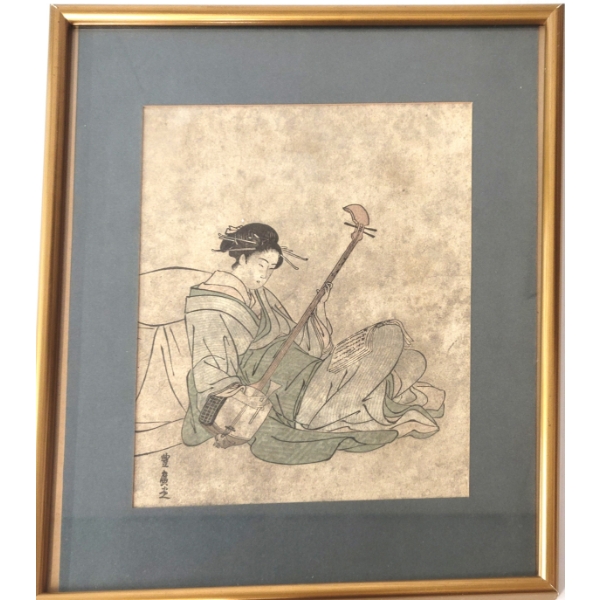 "GEISHA RECLINING ON KOTATSU & PLAYING SAMISEN" BY UTAGAWA TOYOHIRO (1773-1828) - WOODBLOCK PRINT
