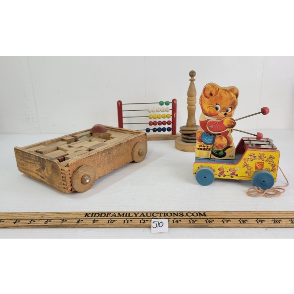 LOT OF 4 - FISHER PRICE TINY TEDDY PULL TOY, ABACUS, WOODEN BLOCKS CART & RING TOSS