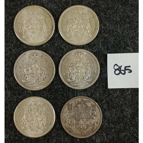 LOT OF 6 - 1940-1965 CDN 50 CENT SILVER COINS