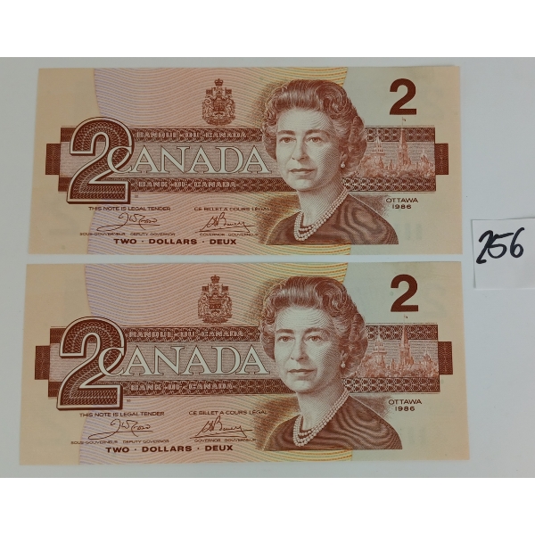 LOT OF 2 - 1986 CDN $2 SEQUENTIAL BANKNOTES - UNCIRCULATED