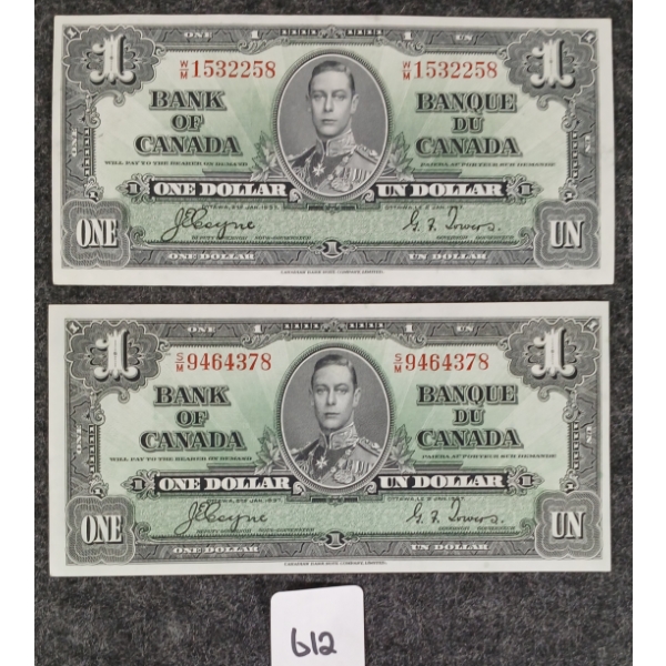 LOT OF 2 - 1937 CDN $1 BANKNOTES