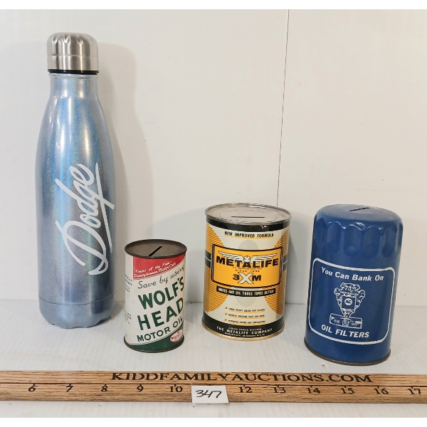 LOT OF 4 - METALIFE, WOLF'S HEAD & OIL FILTER COIN BANKS & DODGE WATER BOTTLE