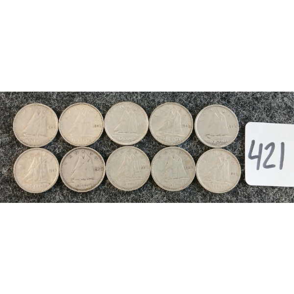 LOT OF 10 - 1947 CDN 10 CENT COINS