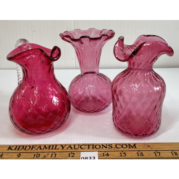 LOT OF 3 - CRANBERRY DEPRESSION GLASS PITCHER & VASES