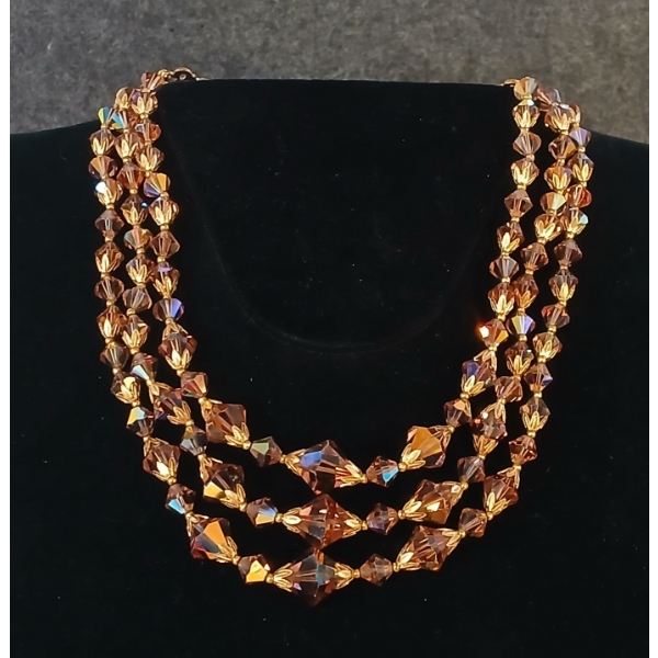 AMBER TONED GLASS BEAD 3 STRAND NECKLACE