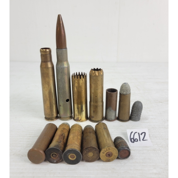 AMMO / BULLETS / BRASS: 13X COLLECTIBLE CARTRIDGES - INCL POLICE GUN BLANKS, .577S, 57SNIDER, ETC