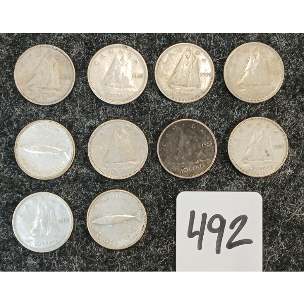 LOT OF 10 - 1950-1967 CDN 10 CENT COINS