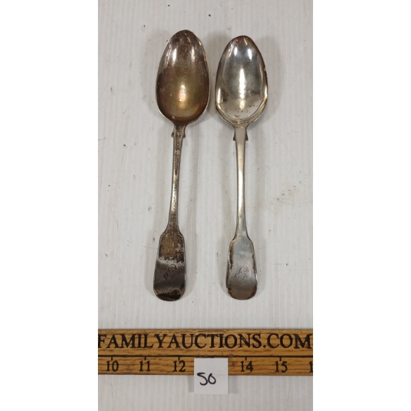 LOT OF 2 - LARGE STERLING SILVER SPOONS - LION PASSANT & THISTLE MARK