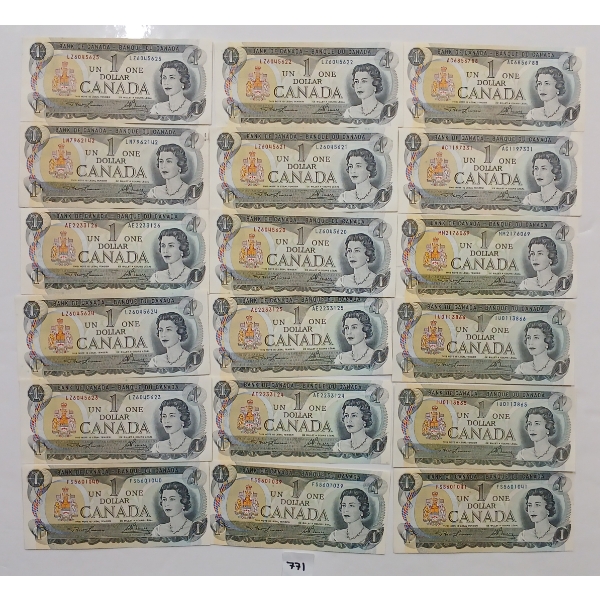 LOT OF 18 - 1973 CDN $1 BANKNOTES - INCL SEQUENTIAL