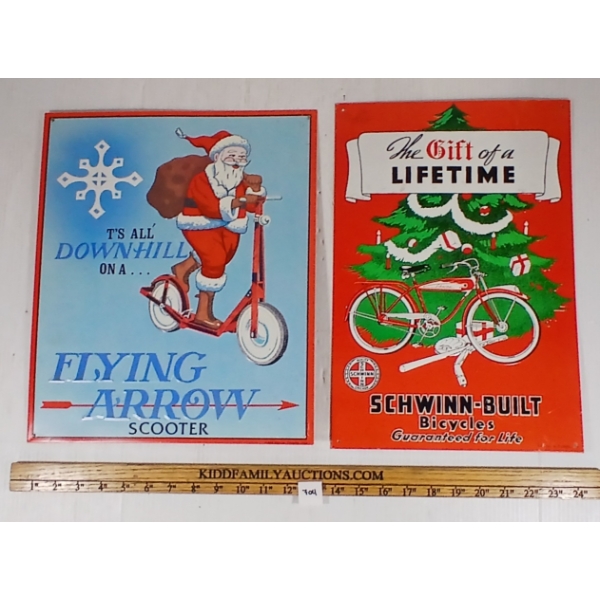 LOT OF 2 - SCHWINN-BUILT BICYCLES & FLYING ARROW SCOOTER EMBOSSED SST SIGNS
