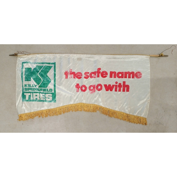 KELLY SPRINGFIELD TIRES "THE SAFE NAME TO GO WITH" - SILK FRINGED BANNER