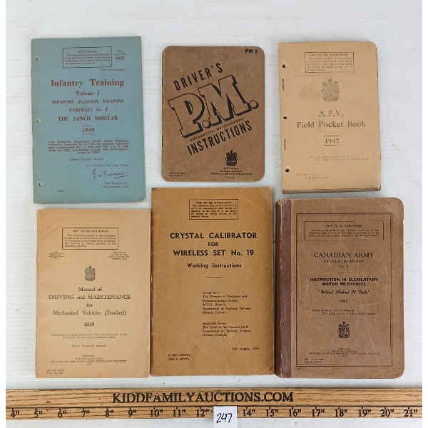 LOT OF 6 - WWII CDN TRAINING BOOKLETS - INCL INFANTRY, DRIVING, CRYSTAL CALIBRATOR, ETC