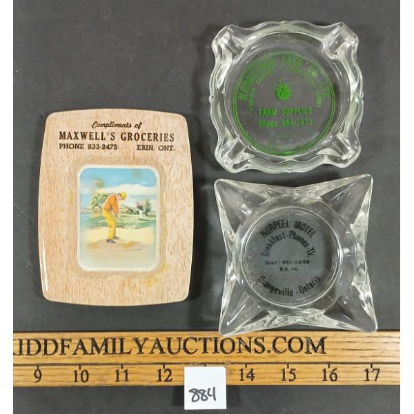 LOT OF 3 - MISC ASHTRAYS - INCL MAXWELL'S GROCERIES & NORPEEL MOTEL, ETC