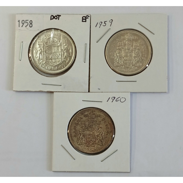 LOT OF 3 - 1958-1960 CDN SILVER HALF DOLLARS