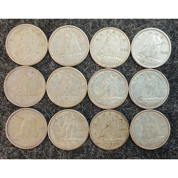 LOT OF 12 - 1943-1966 CDN 10 CENT COINS