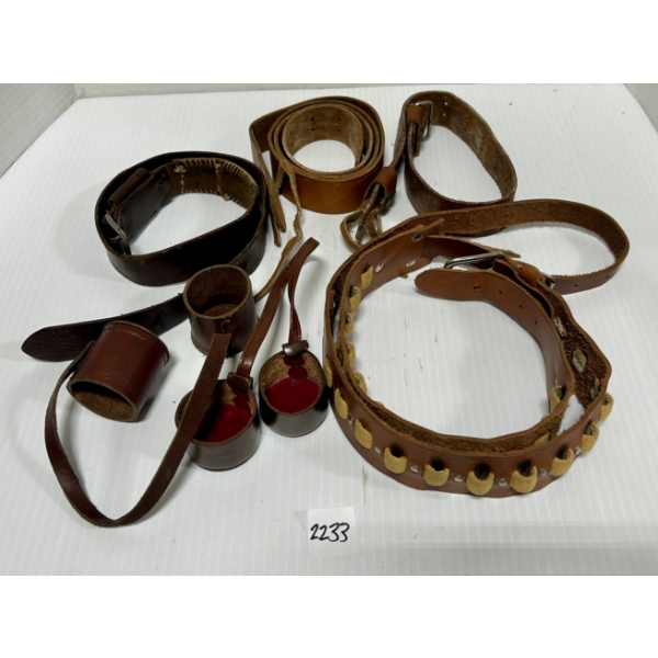 LOT OF 6 - LEATHER BELTS, BANDOLIEERS & SCOPE LENS COVERS
