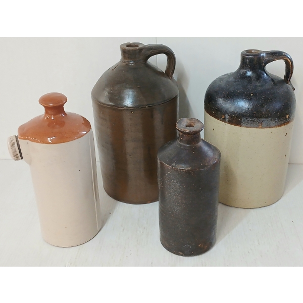 LOT OF 4 - STONEWARE FINGER JUGS, BED WARMER & PITCHER
