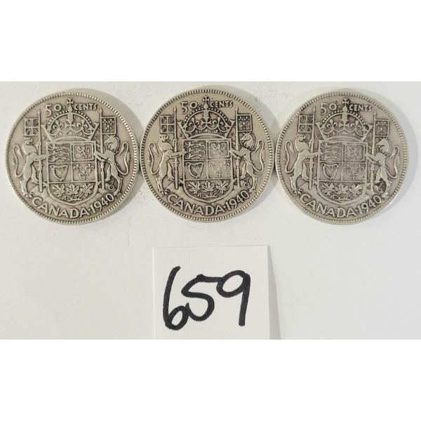 LOT OF 3 - 1940 CDN 50 CENT SILVER COINS