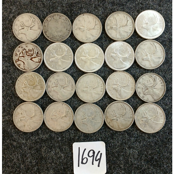 LOT OF 20 - 1937-1968 CDN 25 CENT COINS
