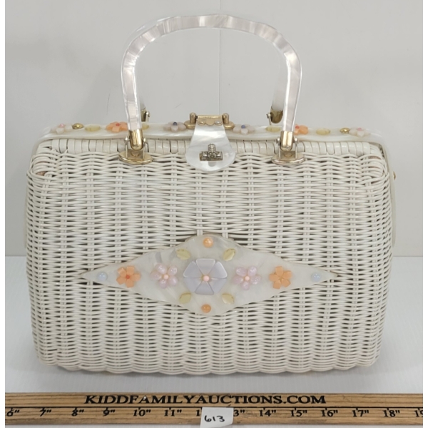 LUCITE & WICKER WOVEN HAND BAG