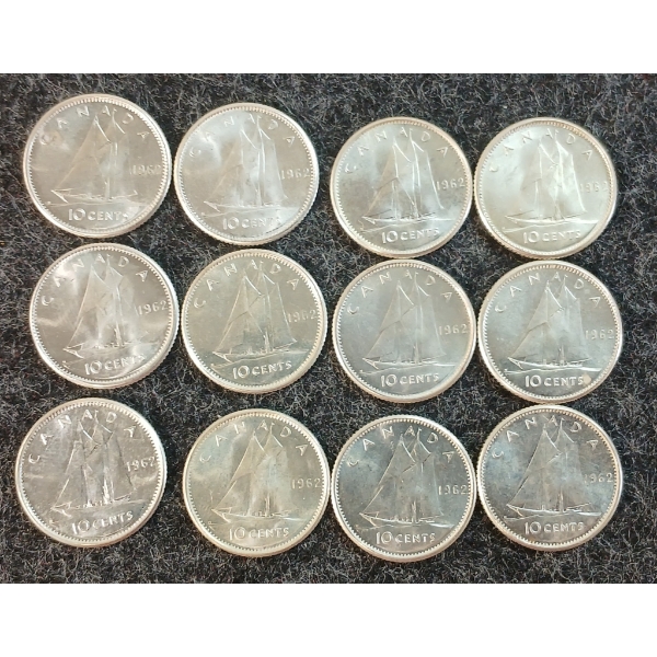 LOT OF 12 - 1962 CDN 10 CENT COINS