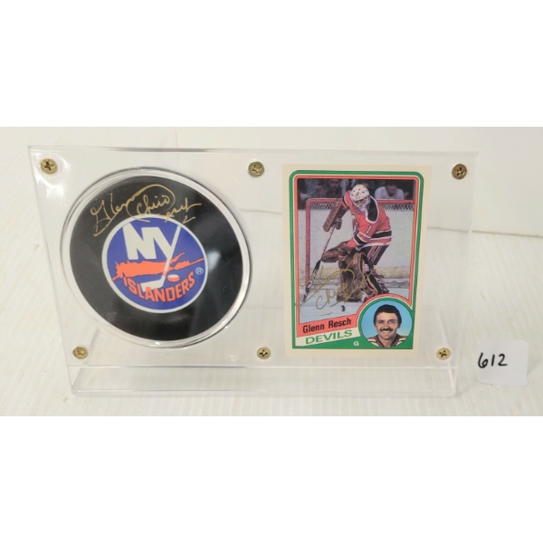 1984 NHL GLEN RESCH NY ISLANDERS HOCKEY CARD & PUCK - AUTOGRAPH