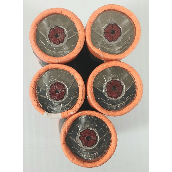 LOT OF 5 -  ROLLS OF 2004 RCM 25 CENT COINS - LEST WE FORGET