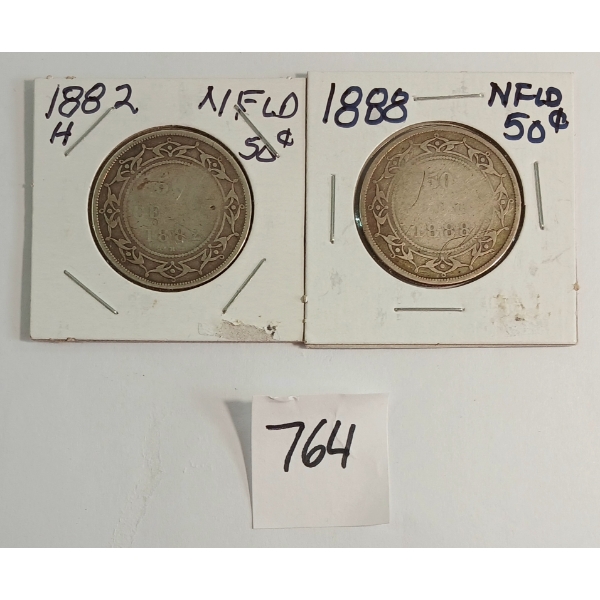 LOT OF 2 - 1882 & 1888 NEWFOUNDLAND 50 CENT SILVER COINS