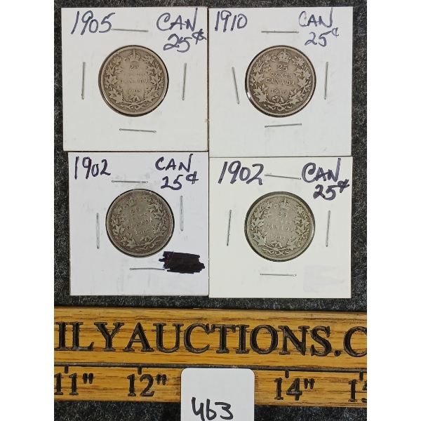 LOT OF 4 - 1902-1910 CDN 25 CENT COINS 