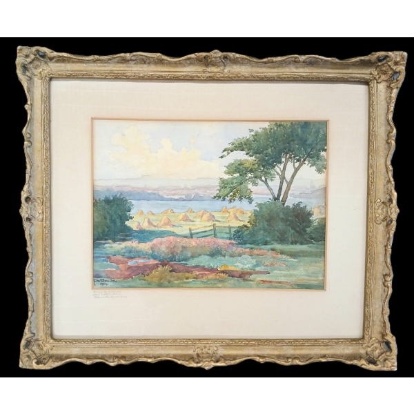 "BURY IN THE DISTANCE FROM SEXTON FARM" BY P. WORRALL - FRAMED WATERCOLOUR ON PAPER