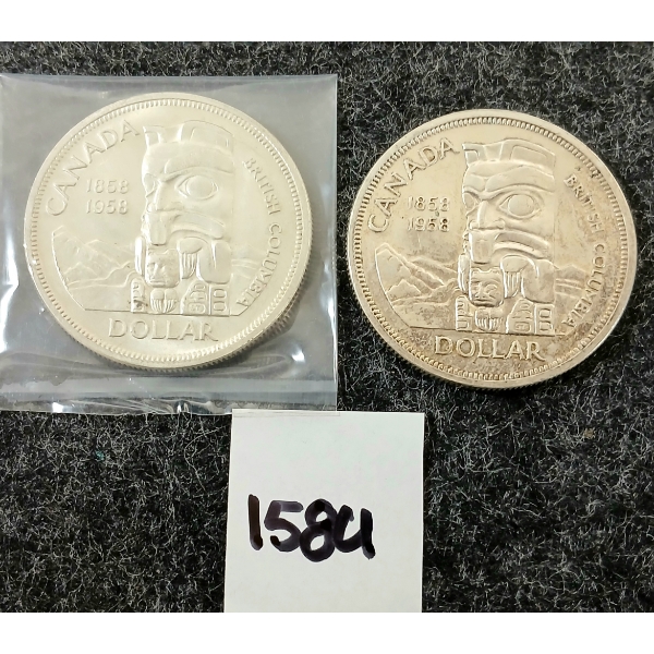 LOT OF 2 - 1958 CDN SILVER DOLLARS - BRITISH COLUMBIA