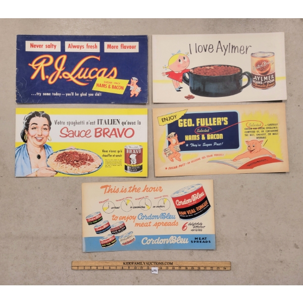 LOT OF 5 - CARDBOARD ADVERTISEMENTS - INCL BRAVO SAUCE & AYLMER BEANS