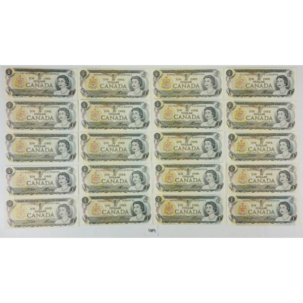 LOT OF 19 - 1973 CDN $1 BANKNOTES - INCL UNCIRCULATED & CONSECUTIVE 