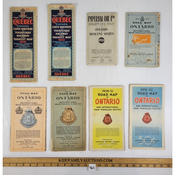 LOT OF 8 - 1930's - 1950's ONTARIO & QUEBEC ROAD MAPS