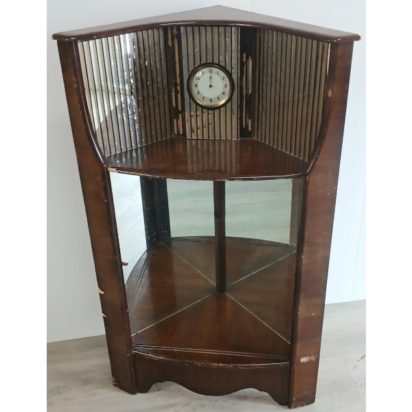 CORNER CURIO CABINET W/ CLOCK - ART DECO STYLE - MAHOGANY - C. 1930-1940's