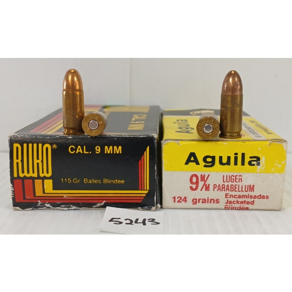 AMMO: APPROX 100X AGUILA & RUKO 9MM LUGER - 115 & 124GR - JACKETED