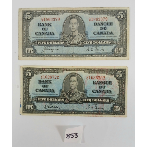 LOT OF 2 - 1937 CDN $5 BANKNOTES